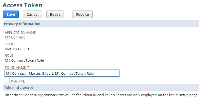 Screenshot showing settings for a new Access Token in NetSuite