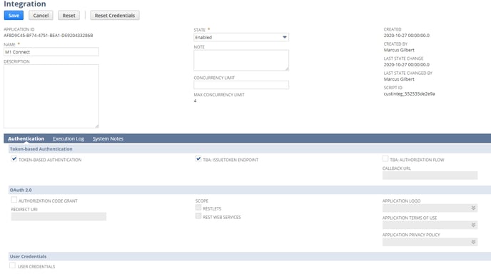 Screenshot showing NetSuite settings for the new Integration Record