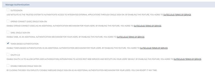 Screenshot showing how to enable token-based authentication in NetSuite